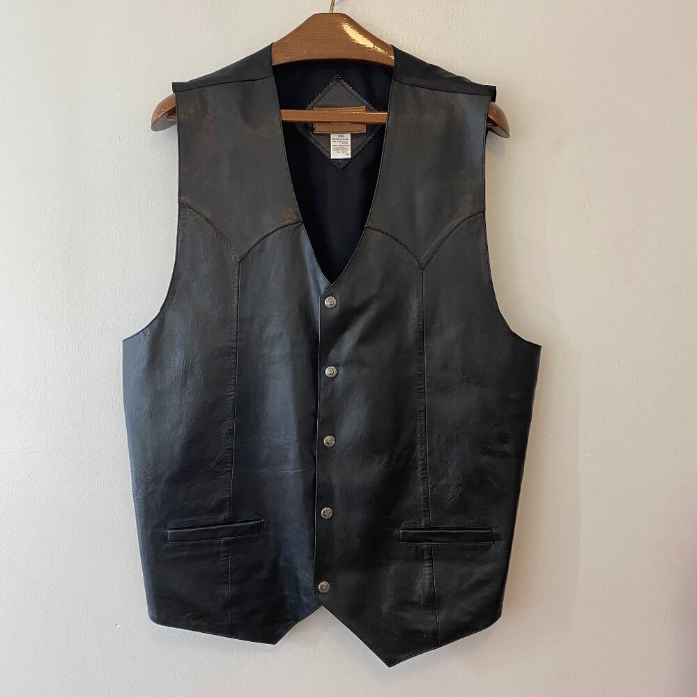 Modal Black Leather Vest Mens XXL Oklahoma State Snap Buttons Biker Western